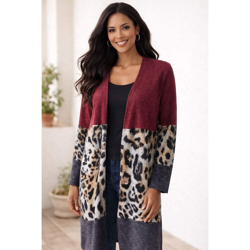 Jodifl Women's‎ Color Block Leopard Print Open Duster Cardigan Burgundy Gray S